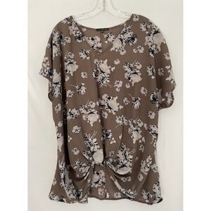 West Kei Blouse Women's Size XXL Light Brown Floral Shirt Twist Front‎